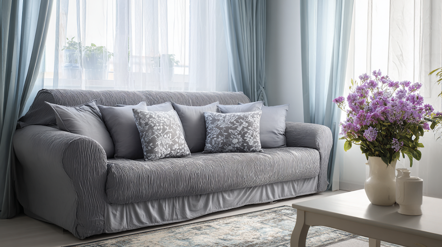 Canapé en simili cuir recouvert d'un plaid